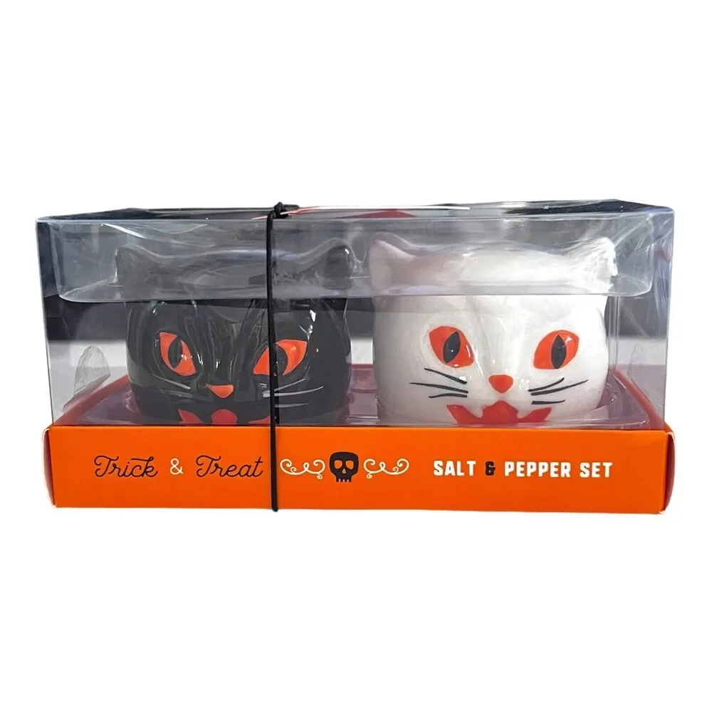 Halloween Black & White Spooky Cats Ceramic Salt Pepper Shakers By Trick & Treat